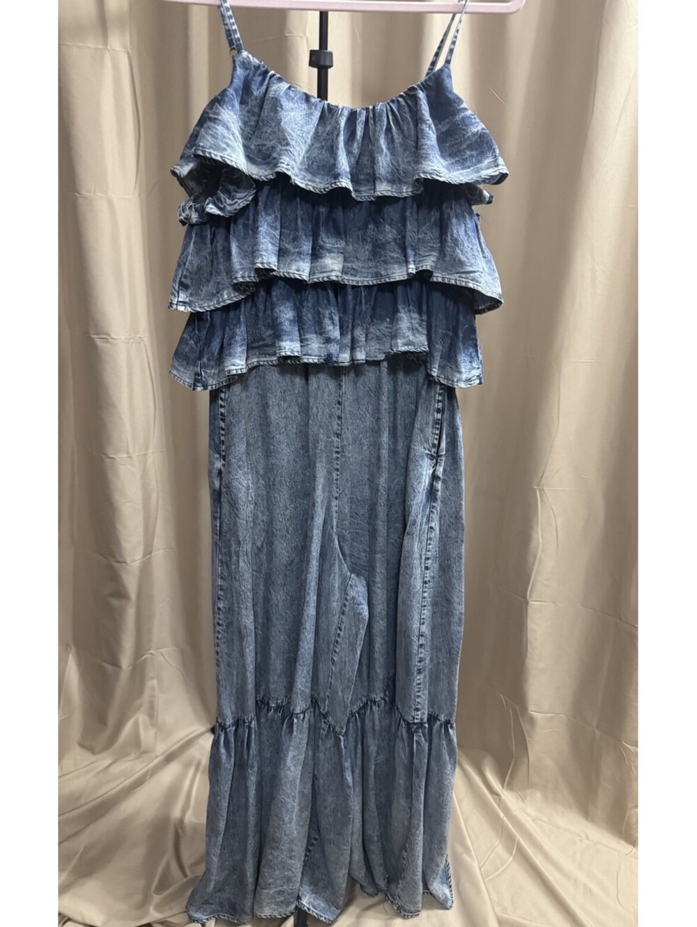 OH Jeans Women’s L Acid Wash Tencel Jumpsuit Tiered Ruffle Wide Leg Boho - Picture 2 of 9